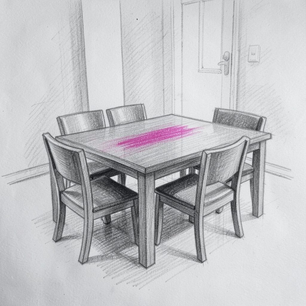 Graphite pencil sketch of a rectangular dining table with four chairs in a softly lit room, monochrome charcoal lines